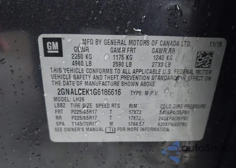 2016 Chevrolet Equinox Lt z USA, uszkodzony, nr VIN 2GNALCEK1G6186616